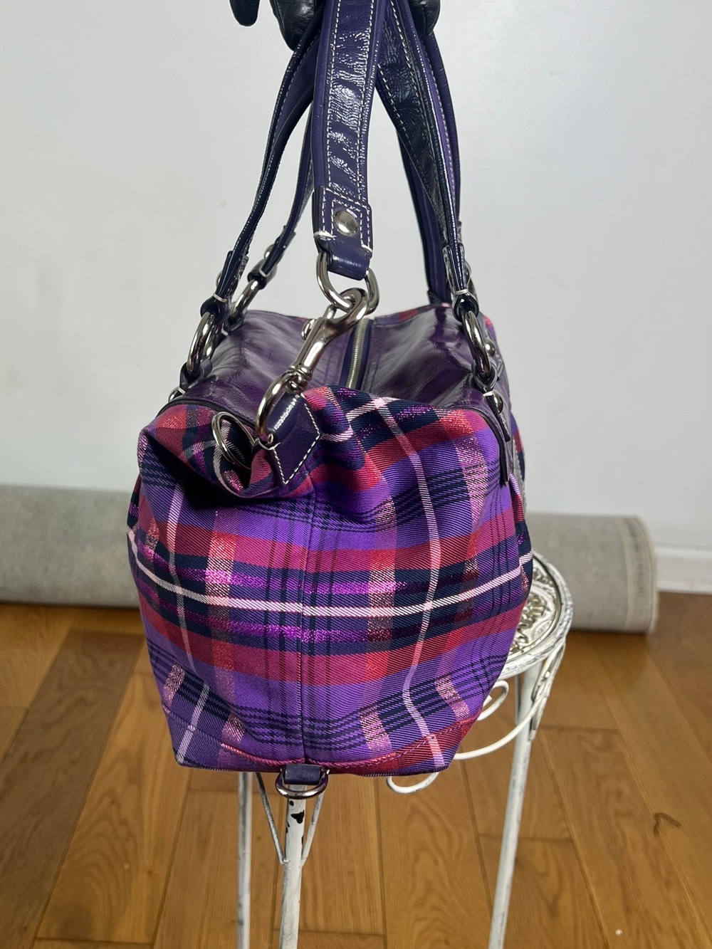 Coach Purple Plaid Satchel with Pink Accents - Picture 6 of 10